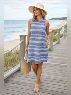 Beachlunchlounge | Lined Linen Blend Cotton Striped Coastal Dress - Size S